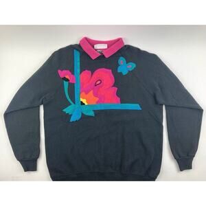 Vintage 90s LEE Sweater Polo Collar Pullover Cotton Adult XL Hand Applique Retro